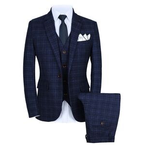 Men’s Mogu Blue Plaid 3 Piece Slim Fit Suit Jacket 40 Pants 36 NWT